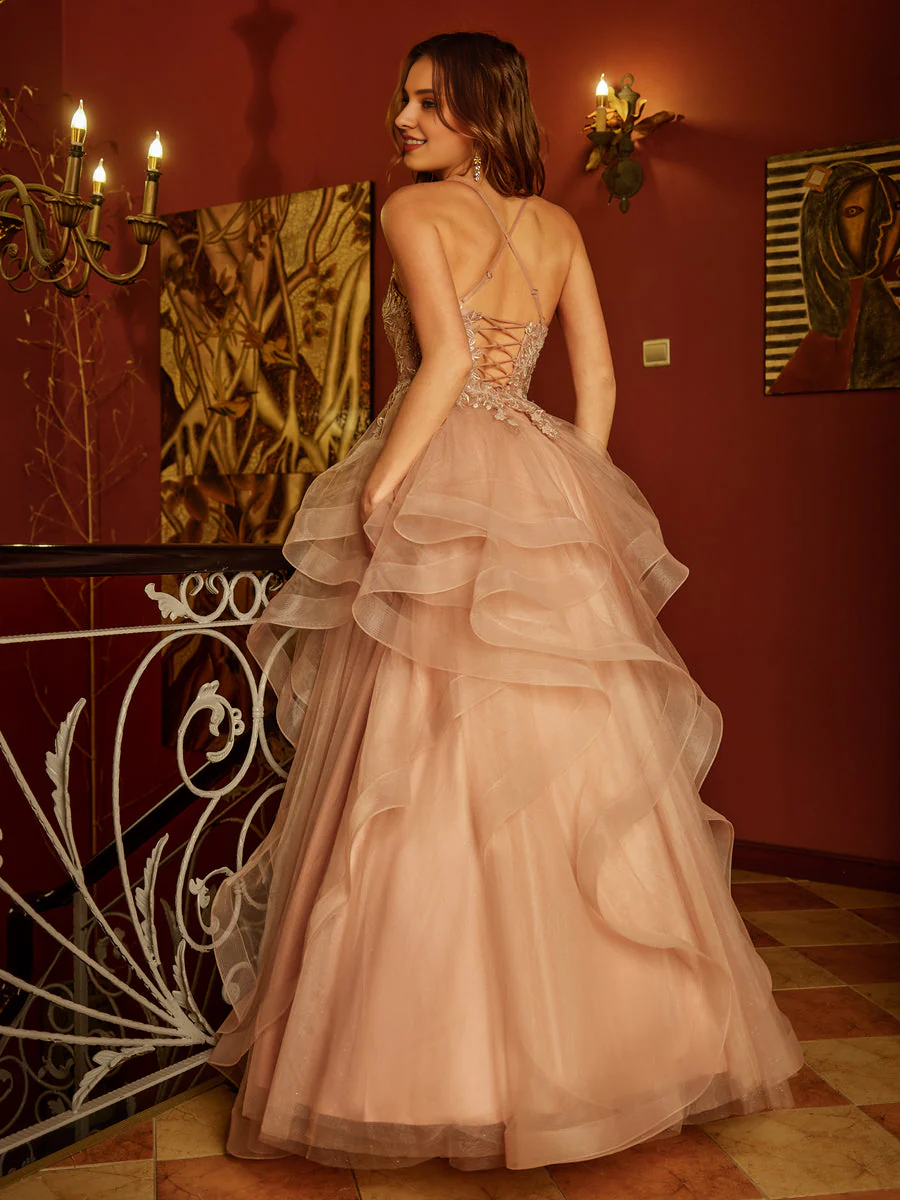 A-line princess V-neck embroidered sequin chiffon long ball dress